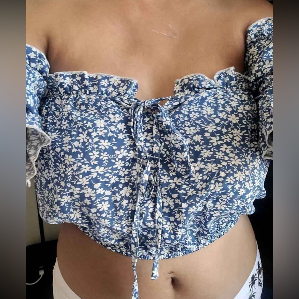 SHEIN VCAY Ditsy Floral Print Off Shoulder Frill Trim Tie Front Crop Blouse L - Picture 3 of 16